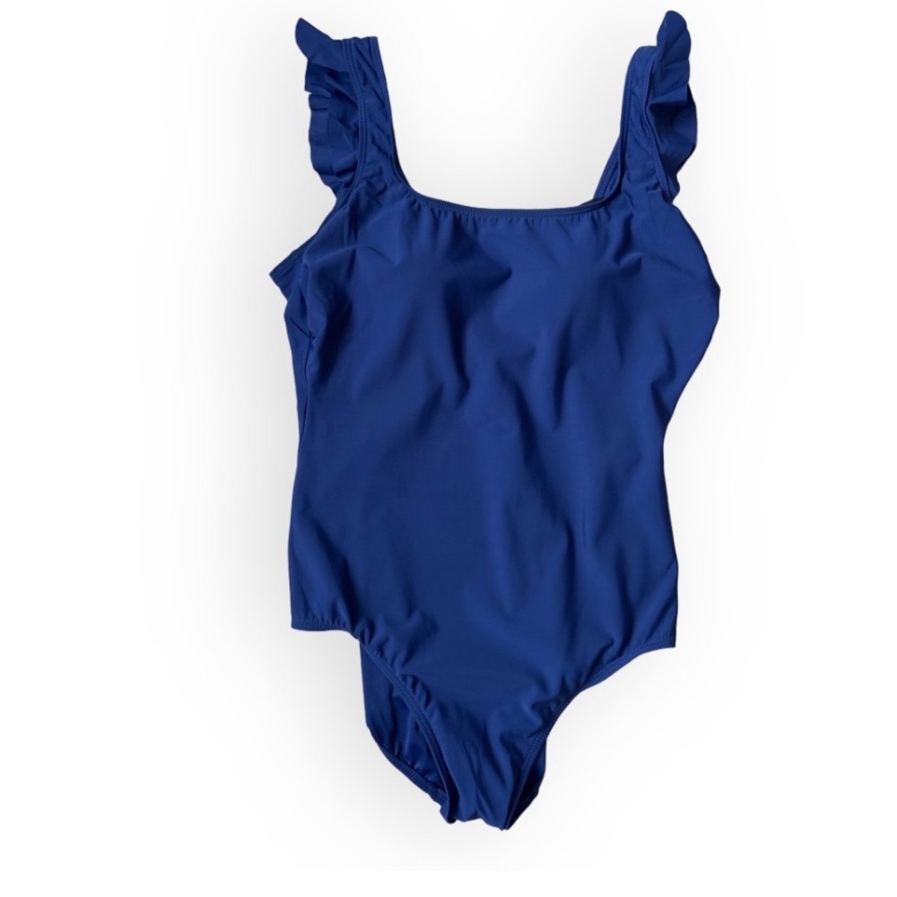 NWT Talbots Ruffle One Piece Swim Suit Size 14 Navy Blue Nautical Minimalist